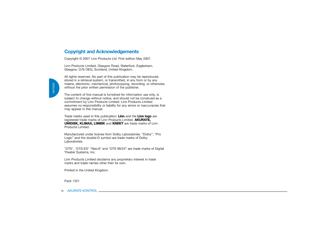 Linn Akurate Kontrol Pre-Amplifier owner manual Copyright and Acknowledgements 