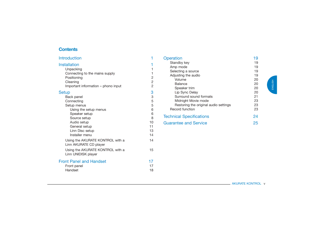 Linn Akurate Kontrol Pre-Amplifier owner manual Contents 