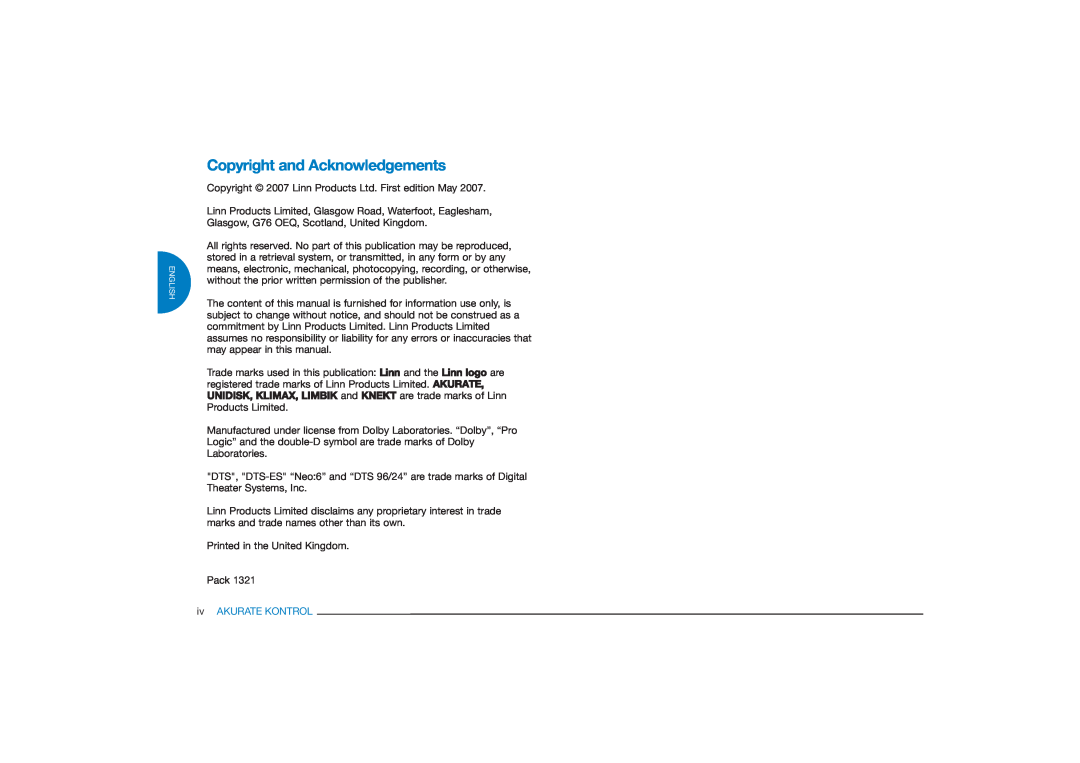 Linn Akurate Kontrol Pre-Amplifier owner manual Copyright and Acknowledgements, ivAKURATE KONTROL 