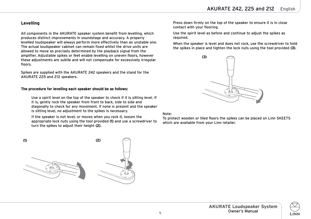 Linn AKURATE Loudspeaker System owner manual Levelling 