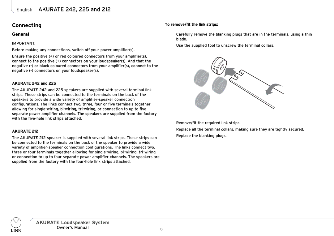 Linn AKURATE Loudspeaker System owner manual Connecting, General 