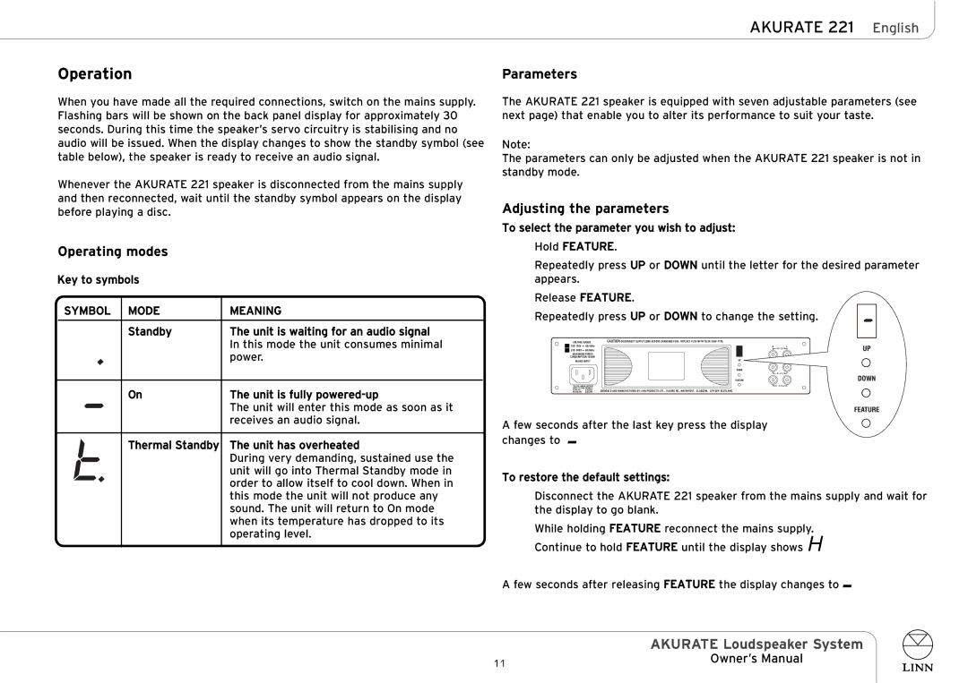 Linn AKURATE Loudspeaker System owner manual Operation, Operating modes, Parameters, Adjusting the parameters 