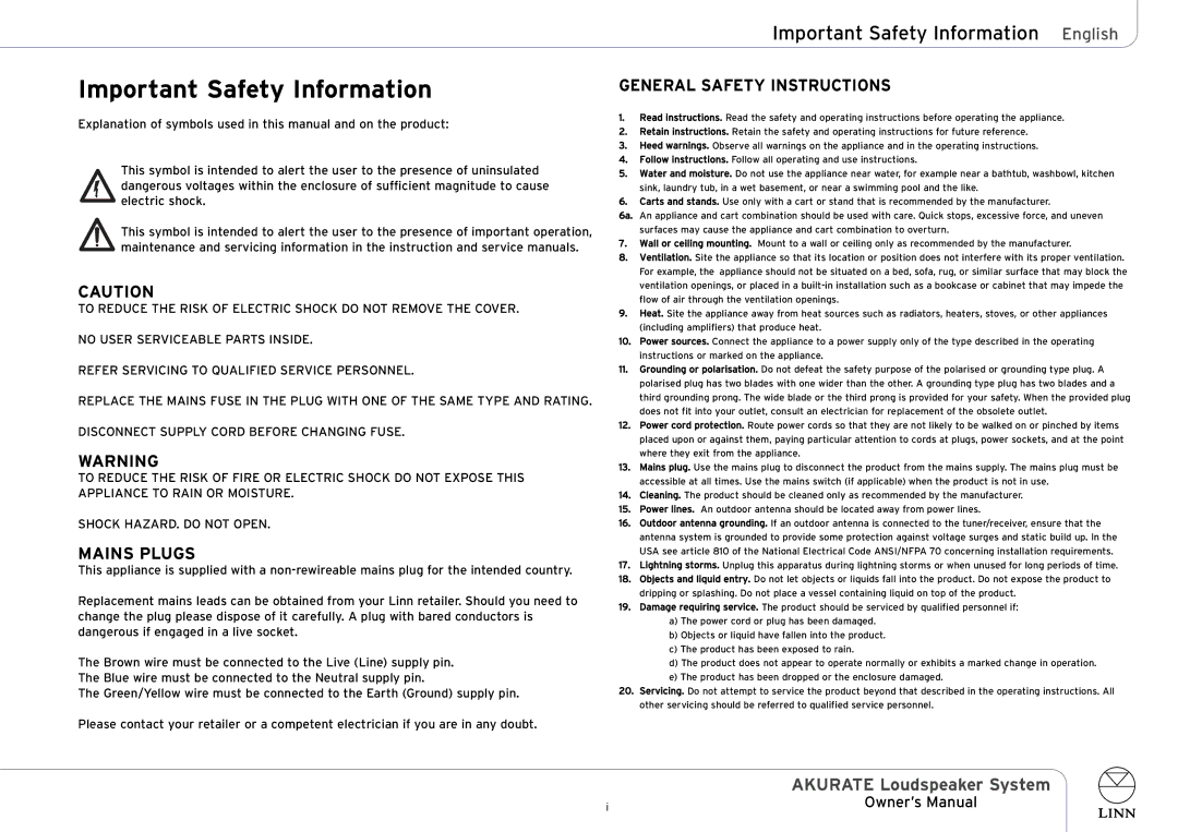 Linn AKURATE Loudspeaker System owner manual Important Safety Information English 