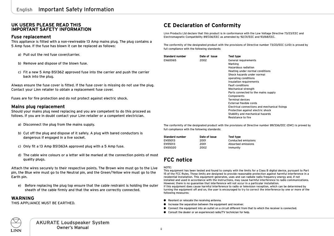 Linn AKURATE Loudspeaker System owner manual English Important Safety Information, CE Declaration of Conformity, FCC notice 