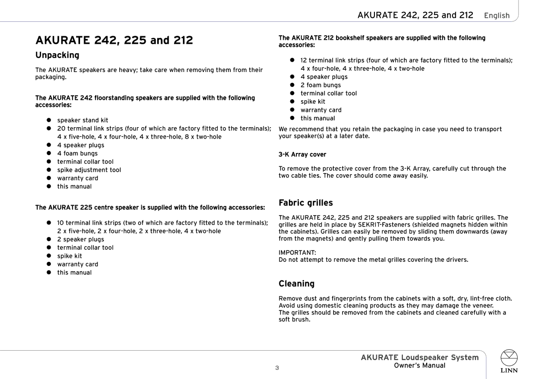 Linn AKURATE Loudspeaker System owner manual Unpacking, Akurate 242, 225 and 212 English, Fabric grilles, Cleaning 