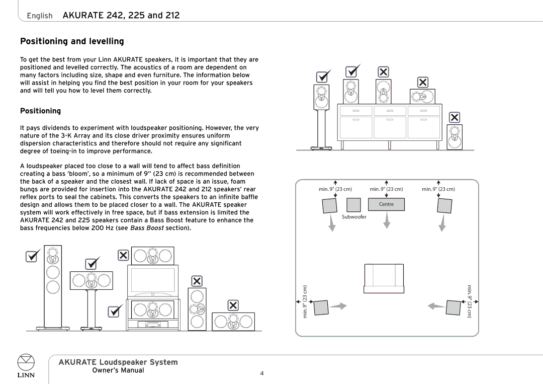 Linn AKURATE Loudspeaker System owner manual English Akurate 242, 225, Positioning and levelling 