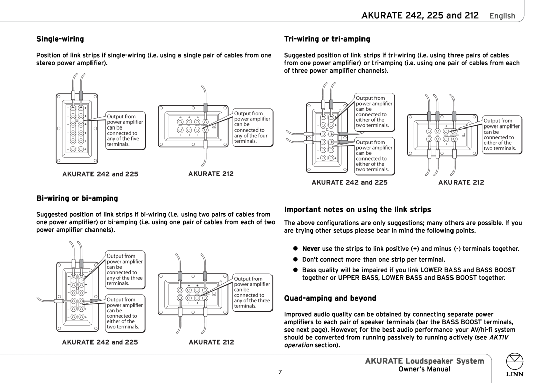 Linn AKURATE Loudspeaker System Single-wiring, Tri-wiringor tri-amping, Bi-wiringor bi-amping, Quad-ampingand beyond 