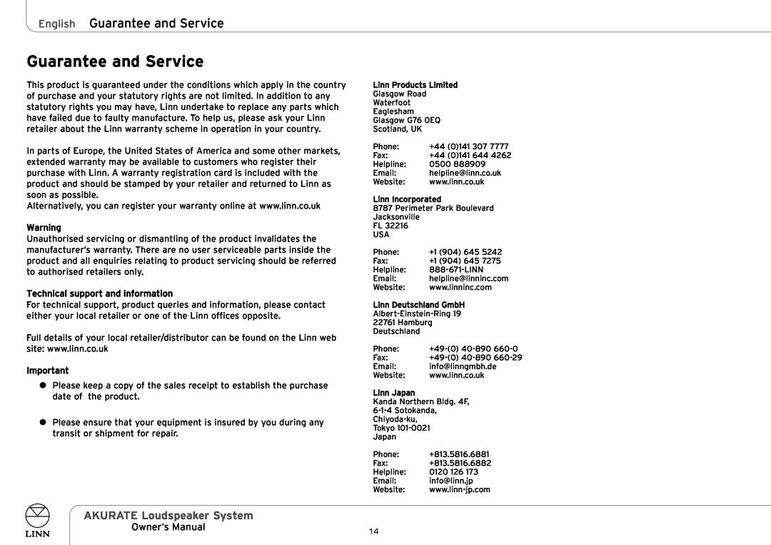 Linn AKURATE Loudspeaker System owner manual English Guarantee and Service 
