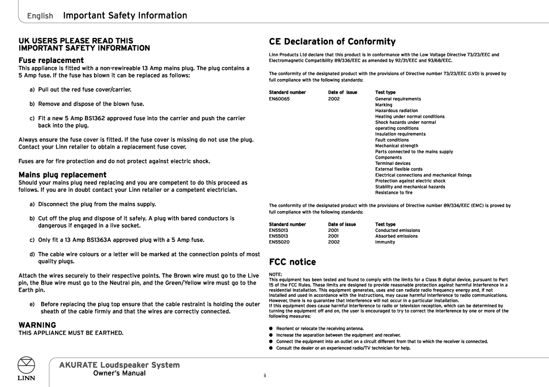 Linn AKURATE Loudspeaker System owner manual English Important Safety Information, CE Declaration of Conformity, FCC notice 