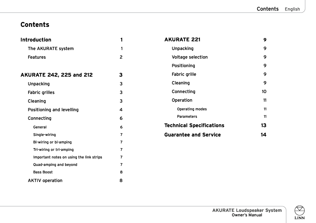 Linn AKURATE Loudspeaker System Contents English, Introduction, Akurate, AKURATE 242, 225 and, Guarantee and Service 