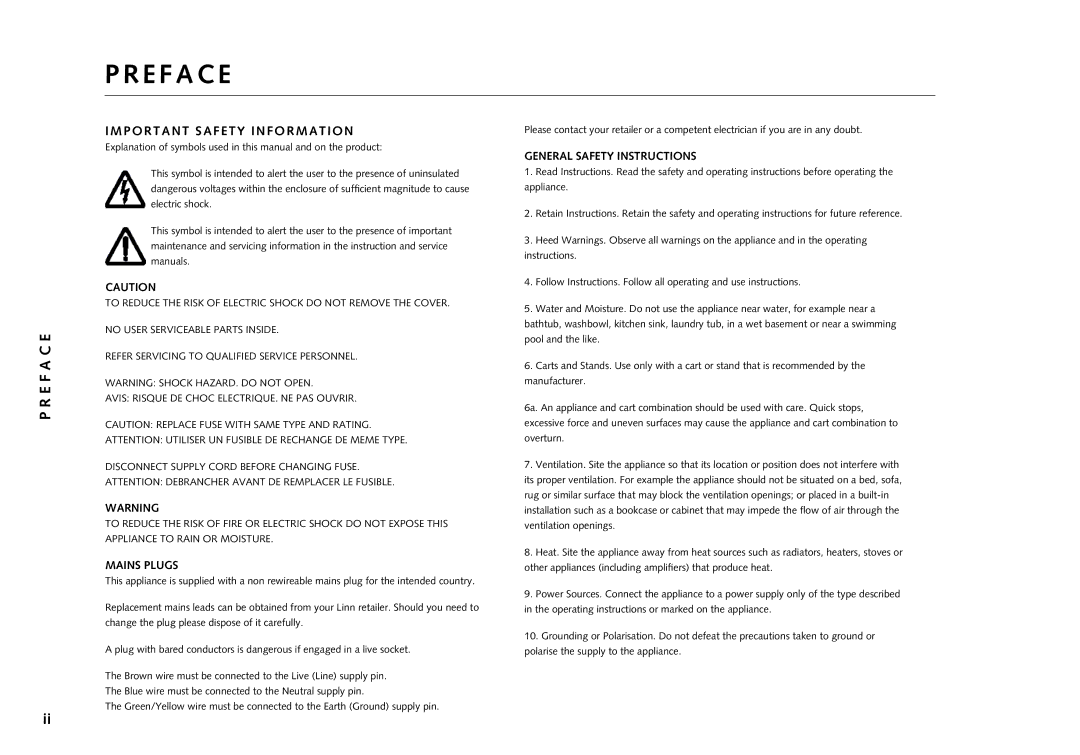 Linn AV 5105 manual E F a C E, Important Safety Information, Mains Plugs, General Safety Instructions 