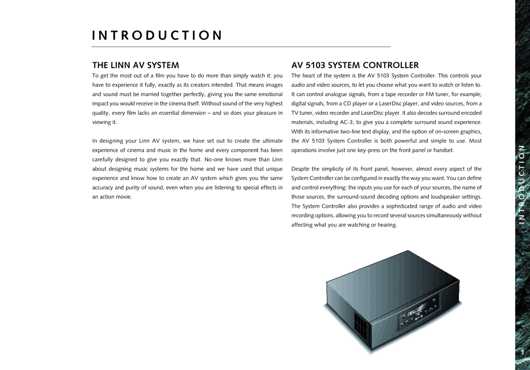 Linn AV 5105 manual T R O D U C T I O N, Linn AV System, AV 5103 System Controller 