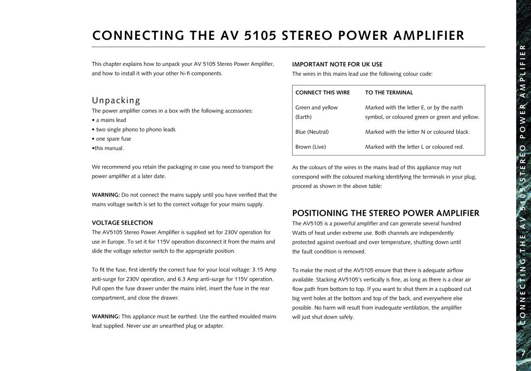Linn CONNECTING THE AV 5105 STEREO POWER AMPLIFIER, Positioning The Stereo Power Amplifier, C O N N E C T I N G T H E A 