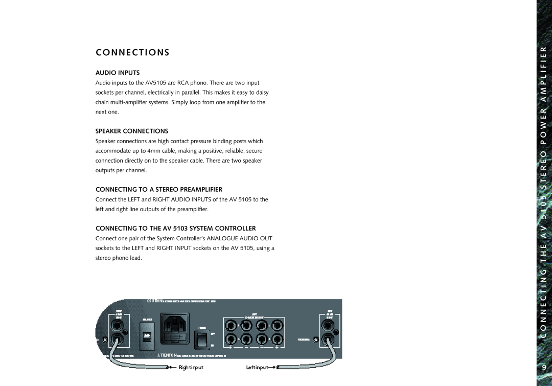 Linn AV 5105 manual C O N N E C T I O N S, Audio Inputs, Speaker Connections, Connecting To A Stereo Preamplifier 