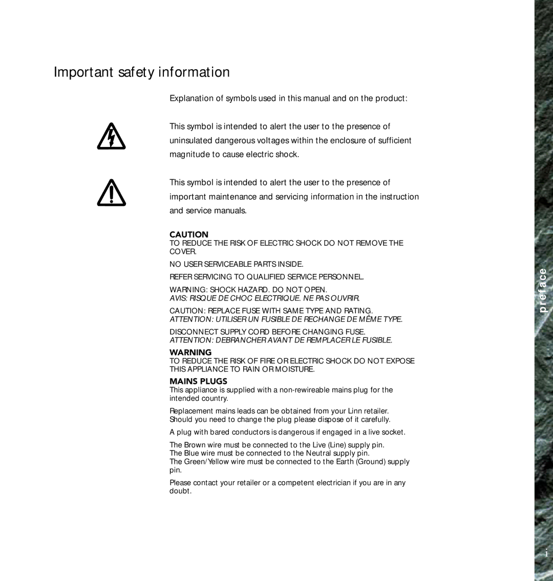 Linn AV Loudspeaker manual Important safety information, E f a c e 