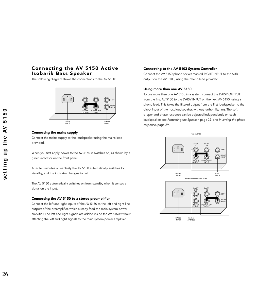 Linn AV Loudspeaker manual Connecting the AV 5150 Active Isobarik Bass Speaker, Connecting the mains supply 