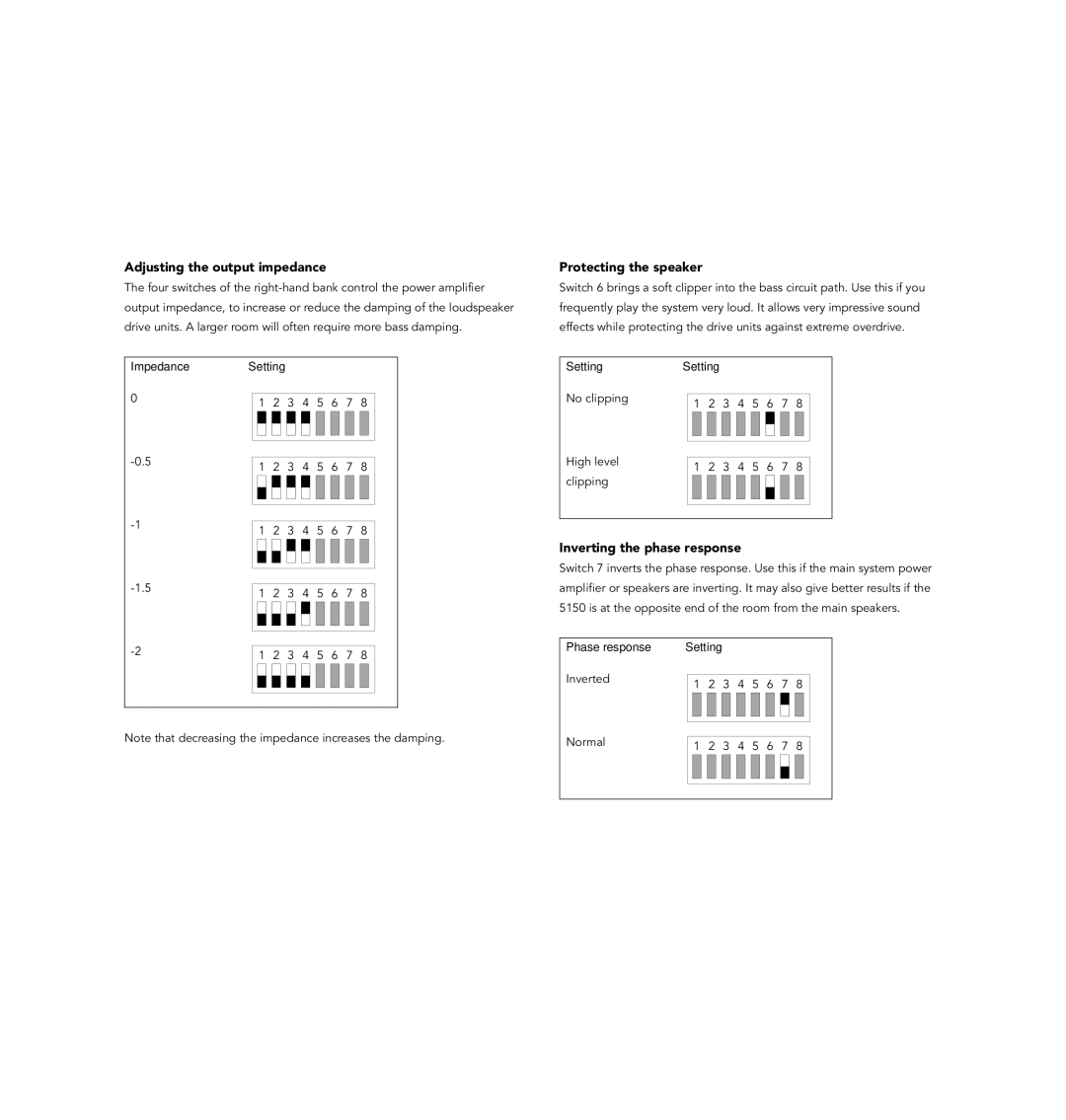 Linn AV Loudspeaker manual Adjusting the output impedance, Protecting the speaker, Inverting the phase response 