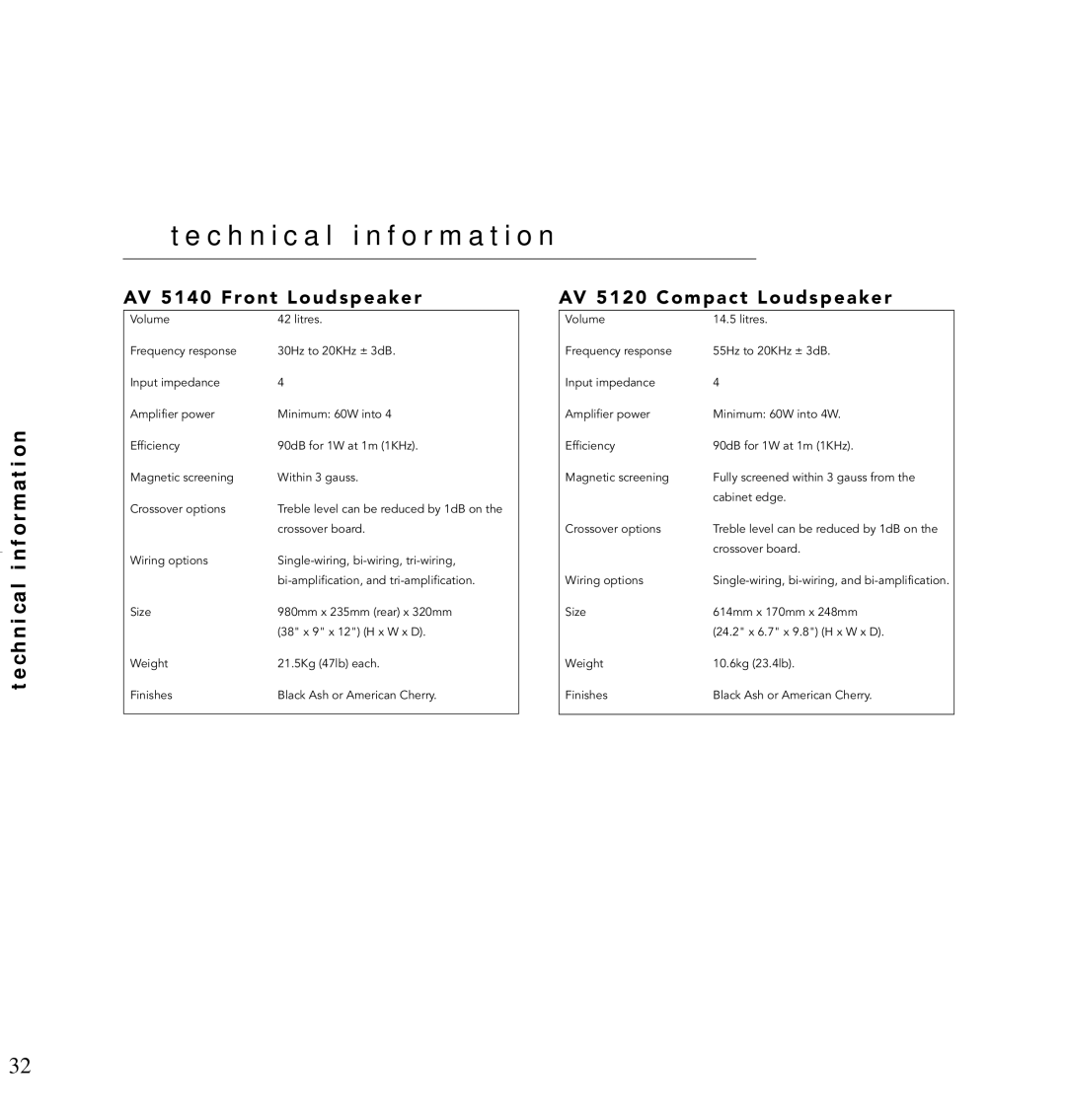 Linn AV Loudspeaker manual C h n i c a l i n f o r m a t i o n, C h n i c a l i n fo r m a t i o n 