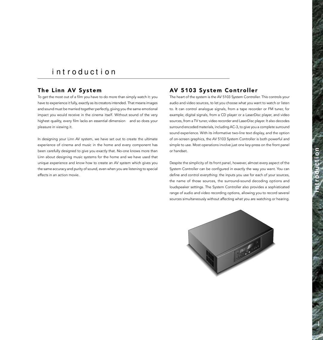 Linn AV Loudspeaker manual T r o d u c t i o n, Linn AV System, AV 5103 System Controller 