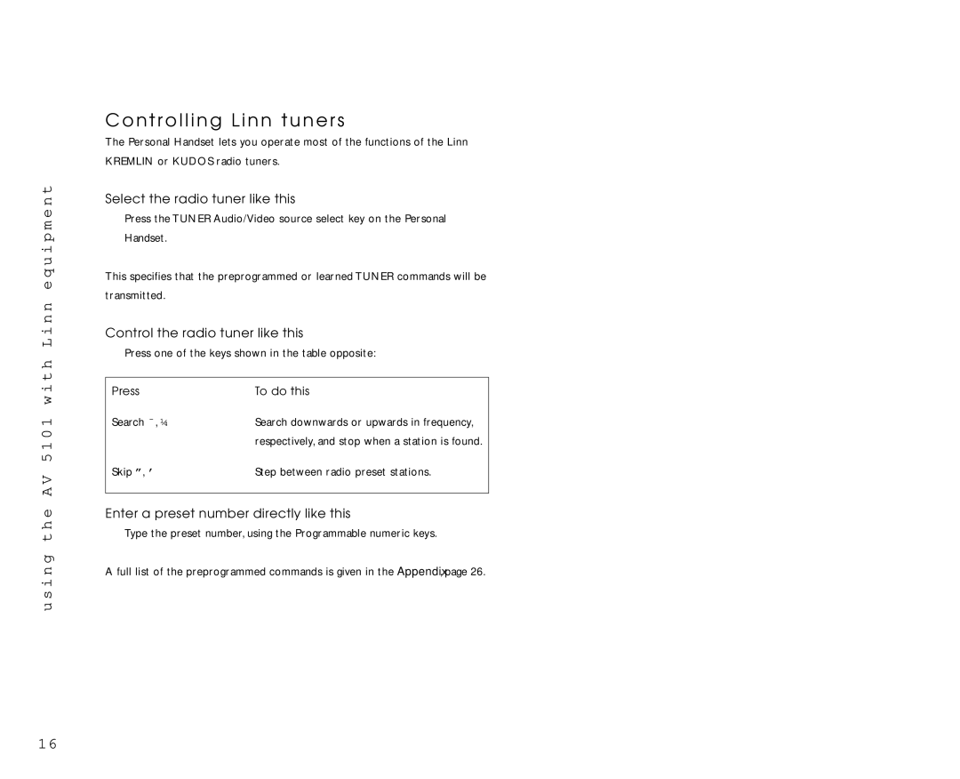 Linn AV Personal Handset Controlling Linn tuners, Select the radio tuner like this, Control the radio tuner like this 