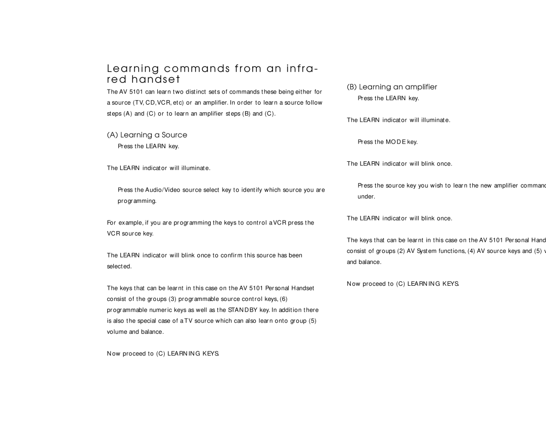 Linn AV Personal Handset manual Lear ning commands from an infra red handset, Learning a Source, Learning an amplifier 