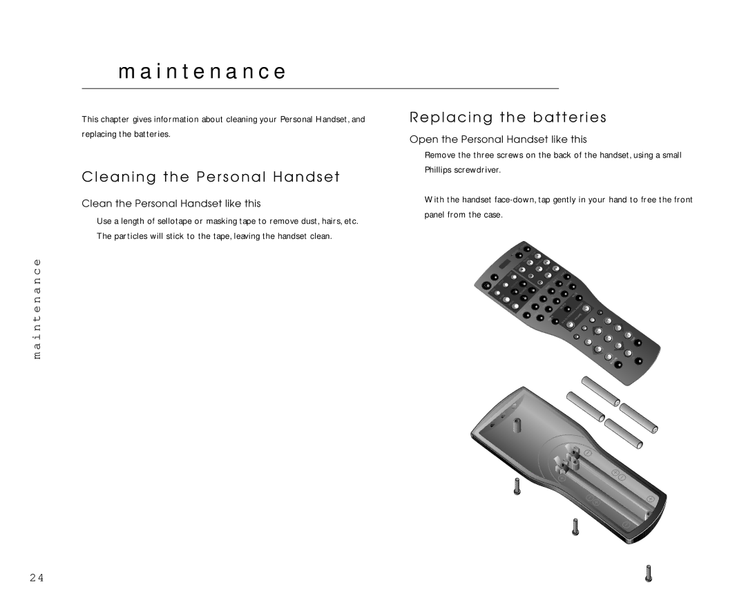 Linn AV Personal Handset manual I n t e n a n c e, Cleaning the Personal Handset, Replacing the batteries 