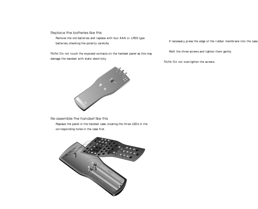 Linn AV Personal Handset manual Replace the batteries like this, Re-assemble the handset like this 