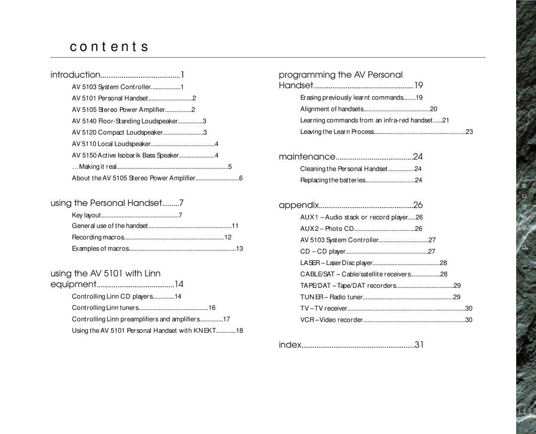 Linn AV Personal Handset manual N t e n t s, Learning commands from an infra-red handset......21 