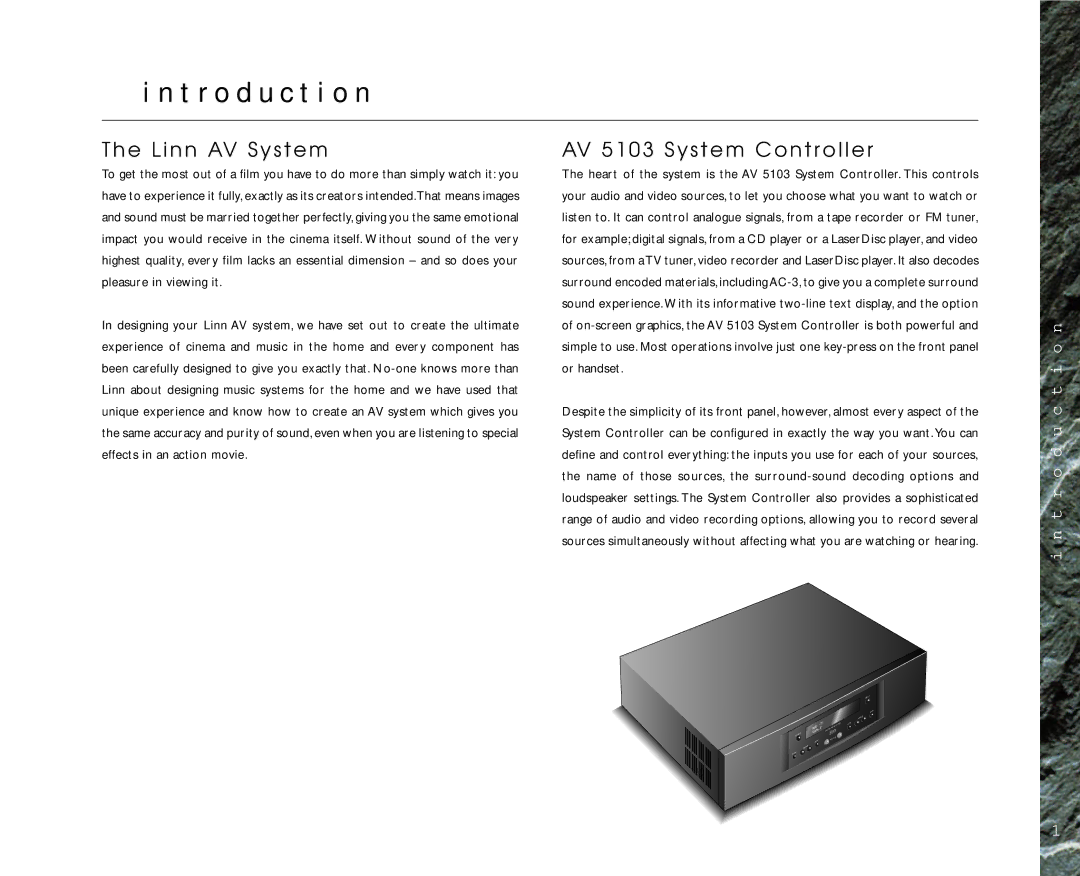 Linn AV Personal Handset manual T r o d u c t i o n, Linn AV System, AV 5103 System Controller 