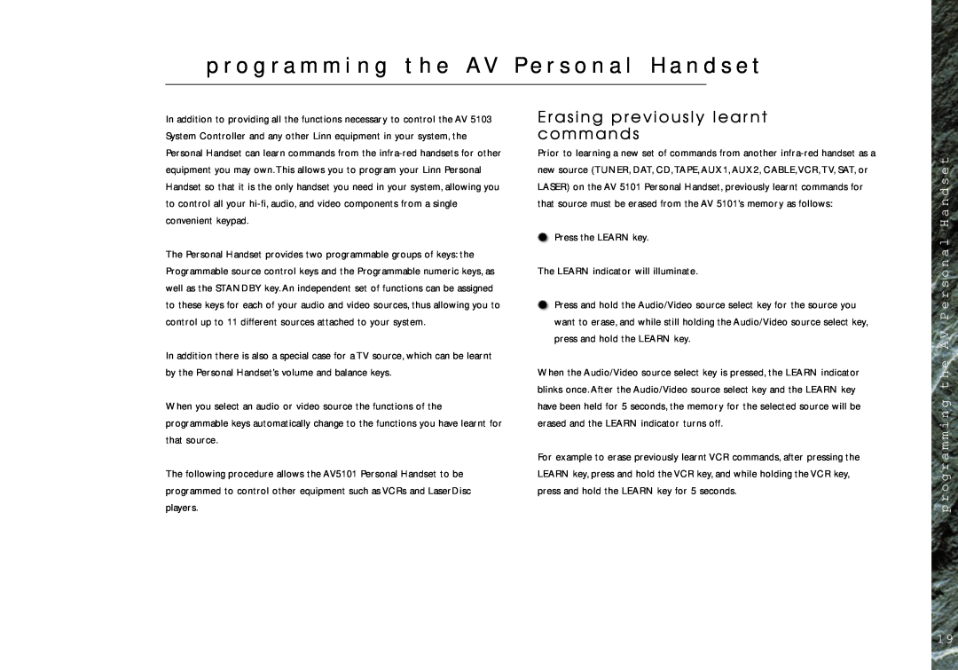 Linn AV Personal Handset manual Erasing previously lear nt commands 