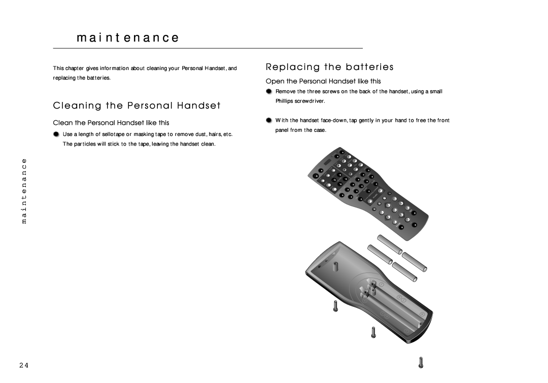 Linn AV Personal Handset manual m a i n t e n a n c e, Cleaning the Personal Handset, Replacing the batteries 