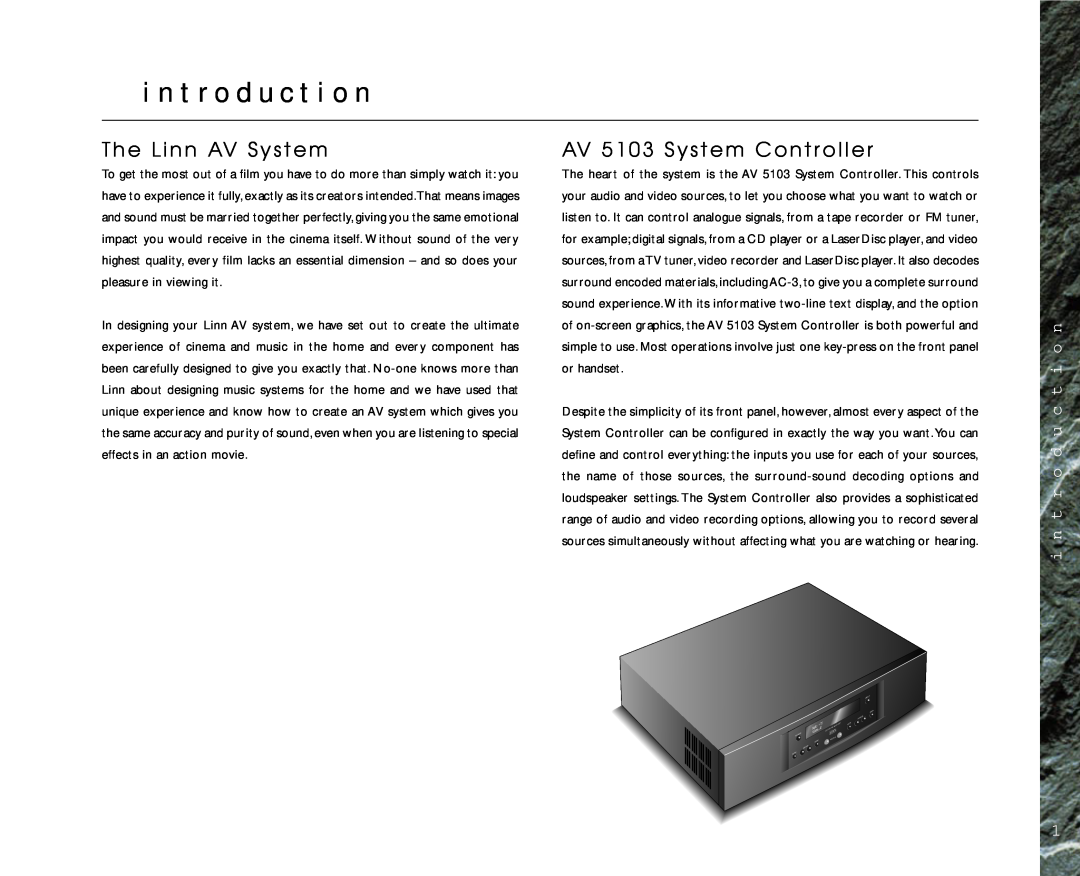 Linn AV Personal Handset manual i n t r o d u c t i o n, The Linn AV System, AV 5103 System Controller 