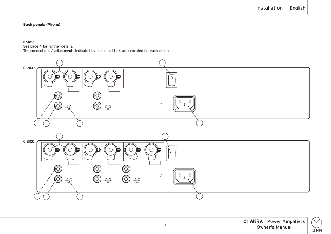 Linn C 5100, C 4200, C 6100, C 4100, C 2100, C 3100, C 2200, C 3200 owner manual Back panels Phono, 2100 3100 