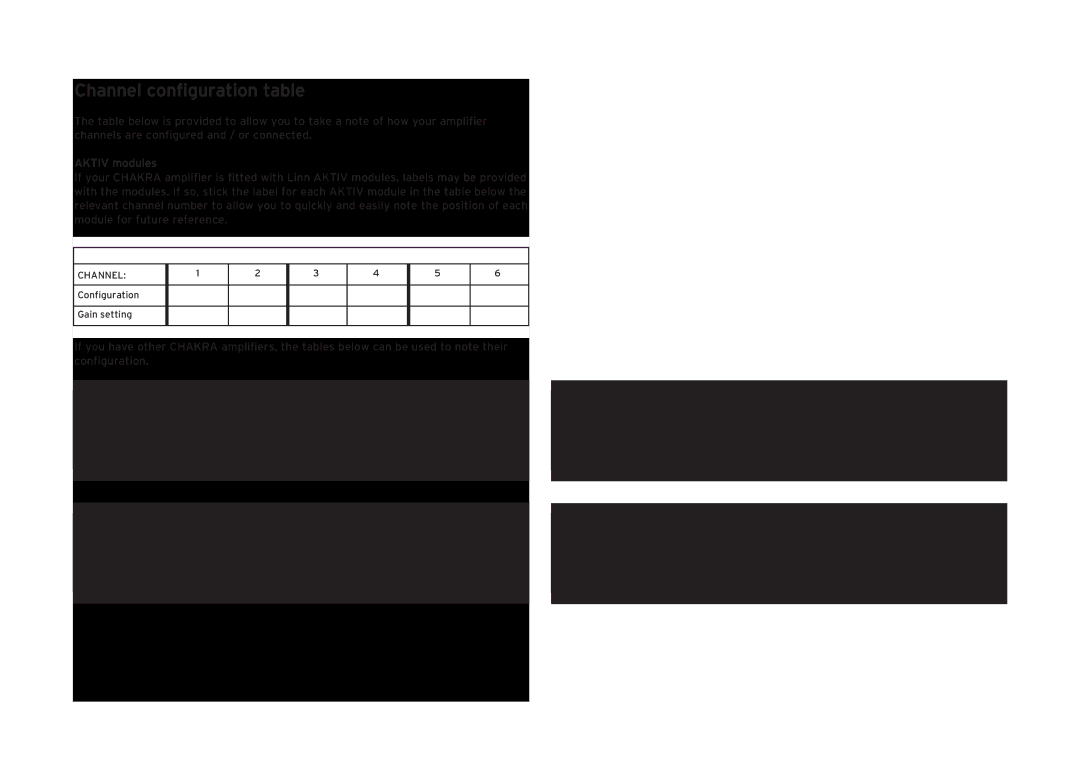 Linn C 6100, C 4200, C 4100, C 2100, C 3100, C 2200, C 3200, C 5100 owner manual Channel configuration table, Aktiv modules 