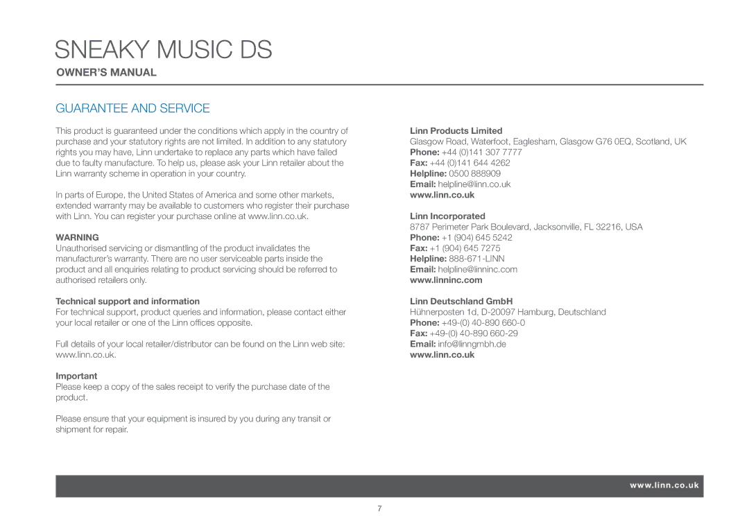 Linn DS, Sneaky Music owner manual Guarantee and Service, Linn Products Limited, Linn Incorporated 