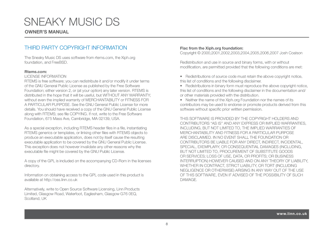 Linn Sneaky Music, DS owner manual Third Party Copyright Information, Rtems.com, Flac from the Xiph.org foundation 