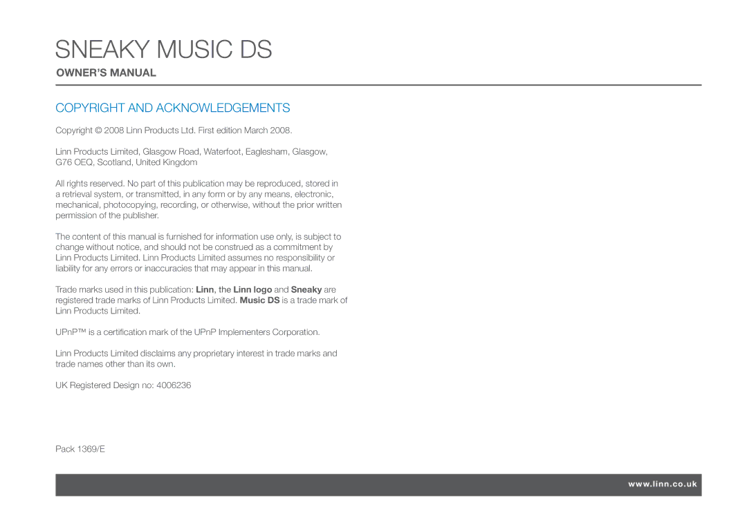 Linn owner manual Sneaky Music DS, Copyright and Acknowledgements 