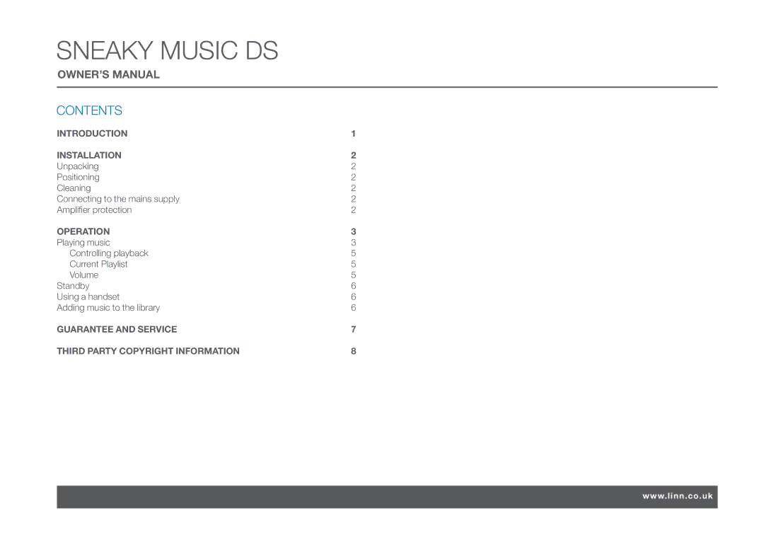 Linn Sneaky Music, DS owner manual Contents 