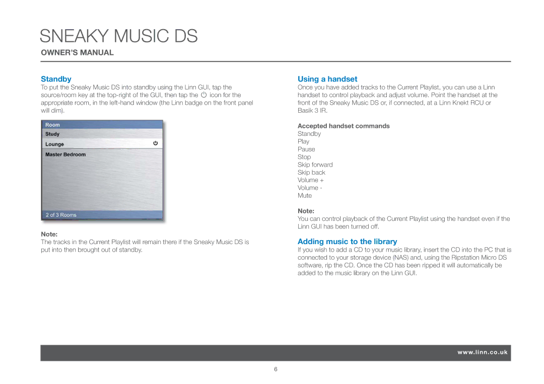 Linn Sneaky Music, DS owner manual Standby, Using a handset, Adding music to the library, Accepted handset commands 