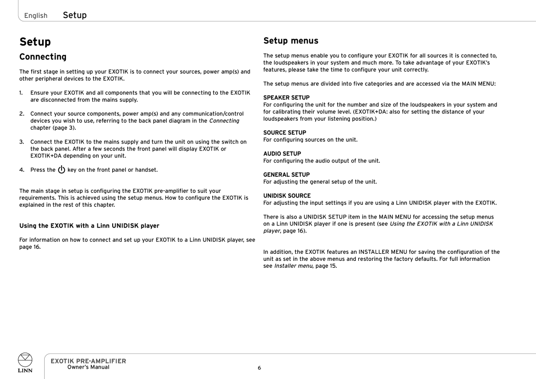 Linn EXOTIK PRE-AMPLIFIER owner manual Setup menus 