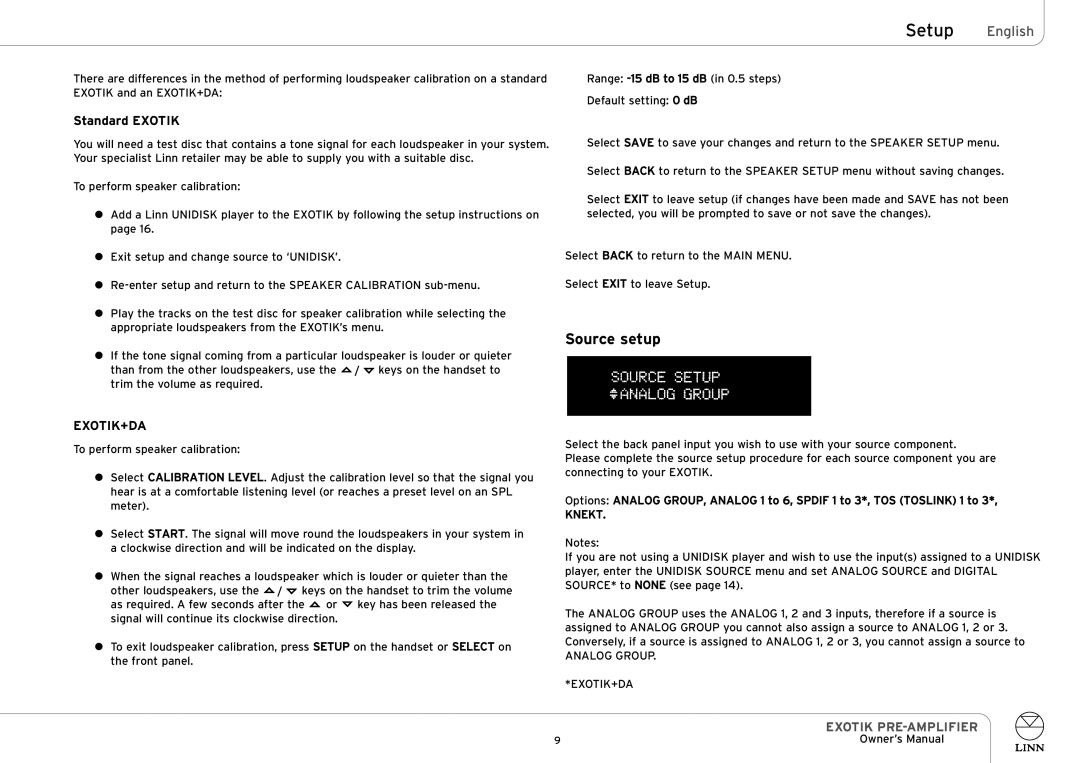 Linn EXOTIK PRE-AMPLIFIER owner manual Source setup, Exotik+Da, Knekt, Analog Group EXOTIK+DA 