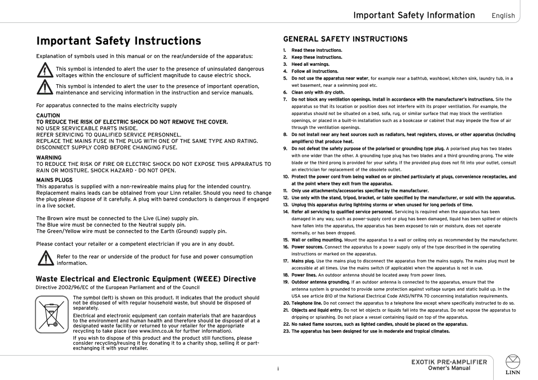 Linn EXOTIK PRE-AMPLIFIER Important Safety Instructions, Waste Electrical and Electronic Equipment Weee Directive 