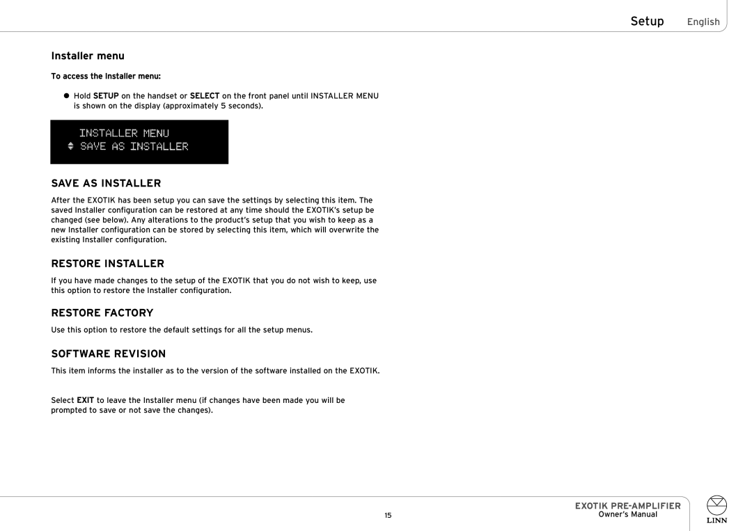 Linn EXOTIK PRE-AMPLIFIER Installer menu, Save AS Installer, Restore Installer, Restore Factory, Software Revision 