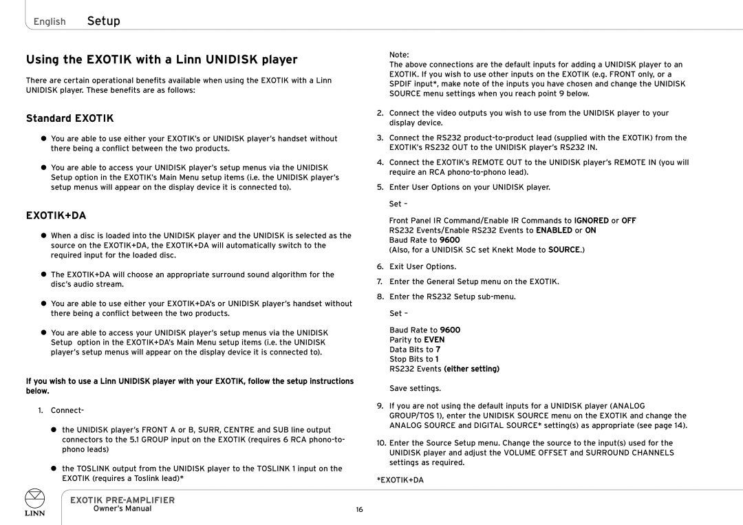 Linn EXOTIK PRE-AMPLIFIER owner manual Using the Exotik with a Linn Unidisk player, Standard Exotik, Exotik+Da 