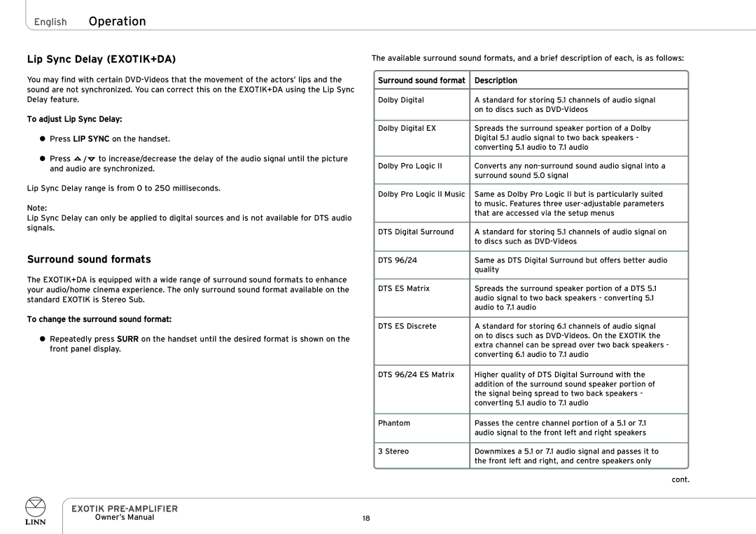 Linn EXOTIK PRE-AMPLIFIER owner manual English Operation, Lip Sync Delay EXOTIK+DA, Surround sound formats 