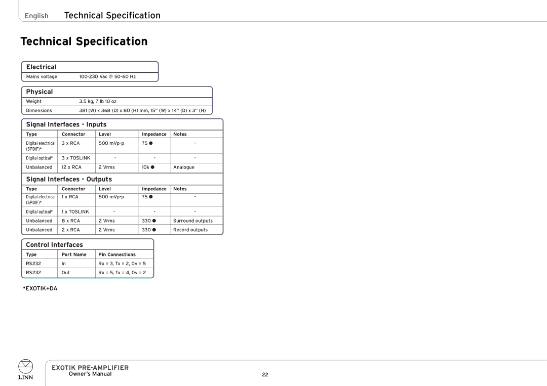 Linn EXOTIK PRE-AMPLIFIER owner manual English Technical Specification 