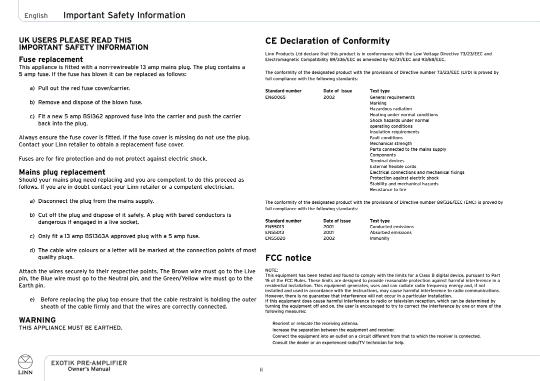 Linn EXOTIK PRE-AMPLIFIER owner manual English Important Safety Information, CE Declaration of Conformity, FCC notice 