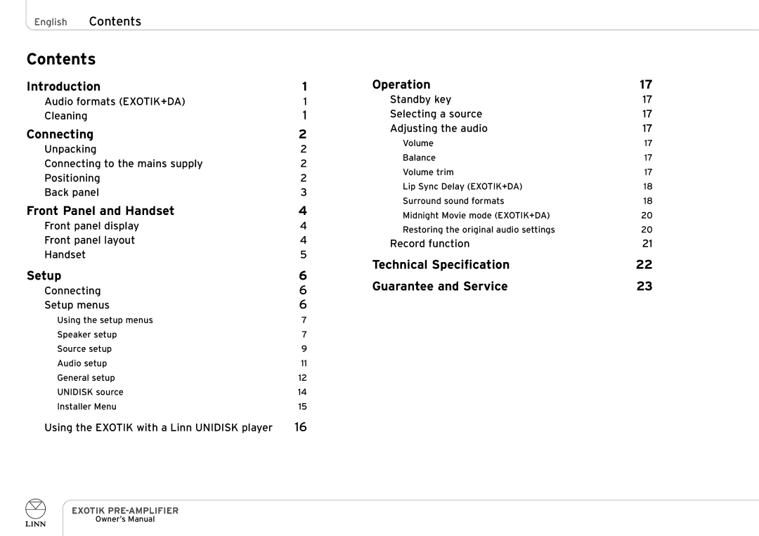 Linn EXOTIK PRE-AMPLIFIER owner manual Contents 