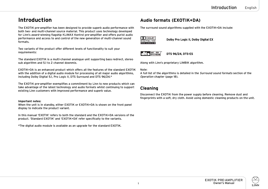 Linn EXOTIK PRE-AMPLIFIER owner manual Introduction English, Audio formats EXOTIK+DA, Cleaning 