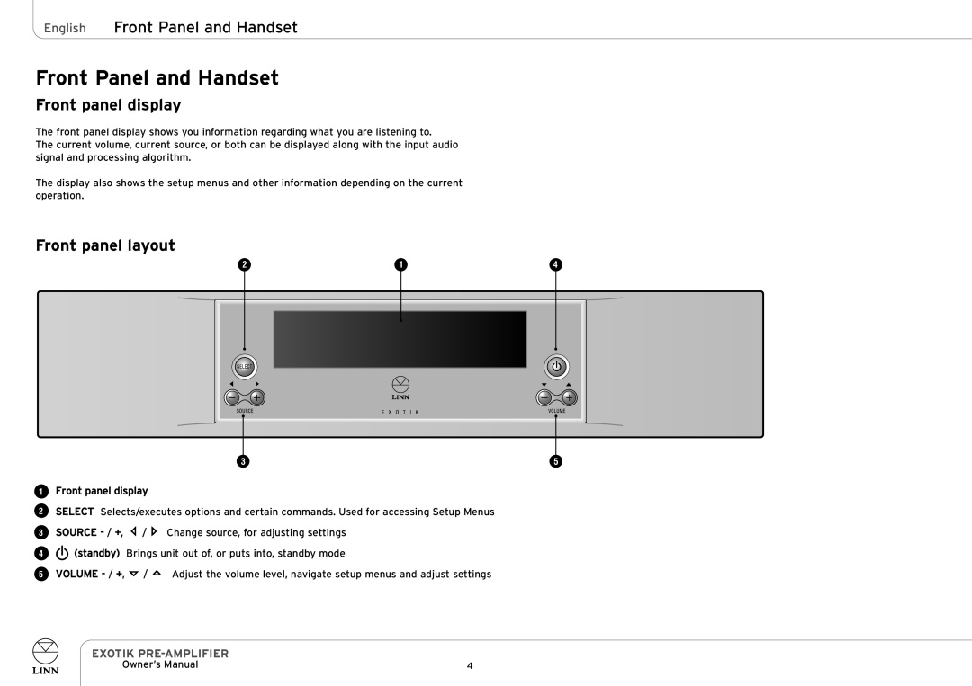 Linn EXOTIK PRE-AMPLIFIER owner manual English Front Panel and Handset, Front panel display, Front panel layout 
